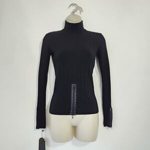 $389 SILK LEATHER Ski & Cycle Fitted Sleek Minimalist Sweater Black
